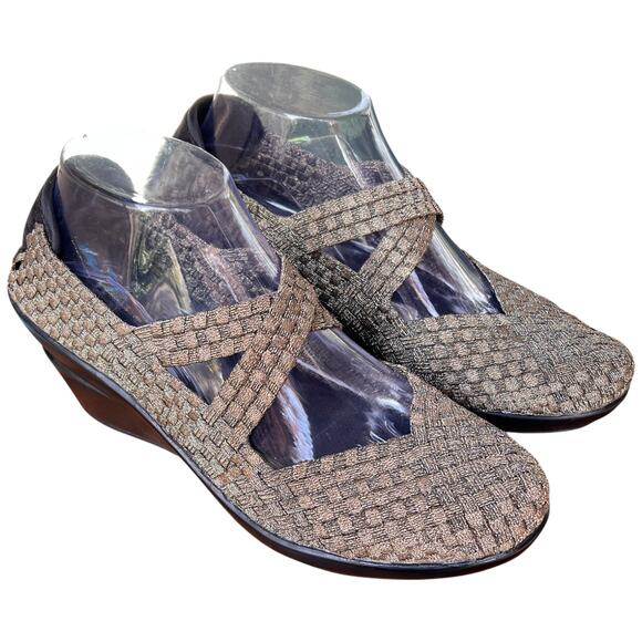 CORKYS Wishbone Women's 10 Woven Wedge Shoes Comfort Slip On Gold Black - Picture 7 of 11